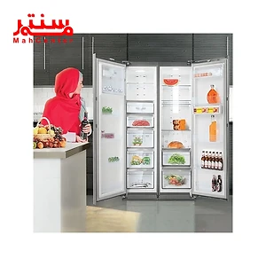 نمای رو به رو یخچال فریزر دوقلو 40 فوت دوو سری تویین مدل SRI/SFI21با درب های باز داخل آشپزخانه